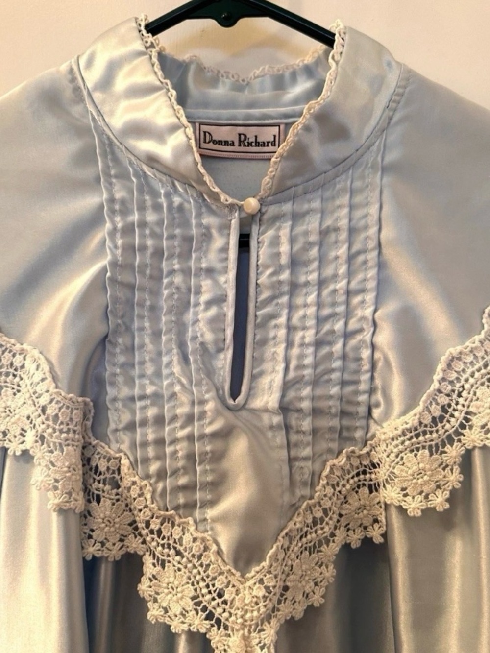 Vintage Women's Light Blue Silk Satin Nightgown with Lace Trim